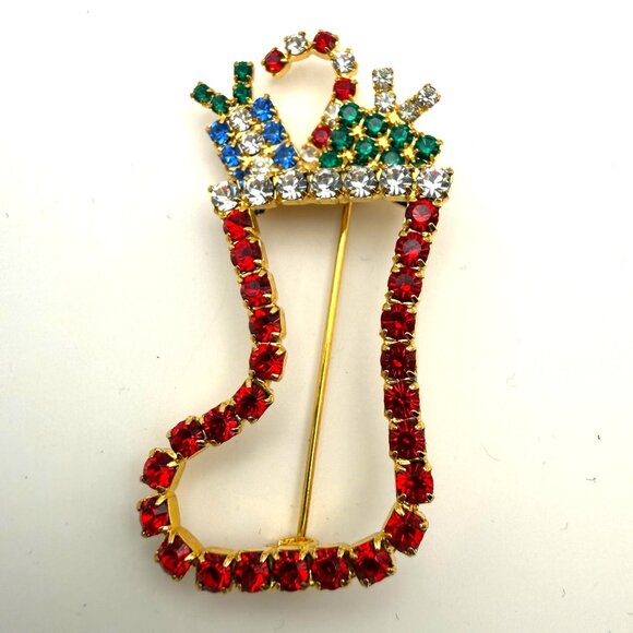 VTG Fashion Jewelry Christmas Stocking Brooch Red Rhinestone Holiday Pin - Picture 1 of 4